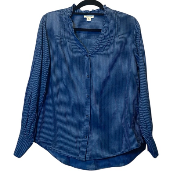 Sundance Tops - Sundance Button Up Shirt Women XL Blue Striped 100% Cotton Oversized Long Sleeve